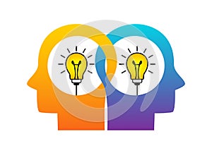 Two human heads with a light bulb inside. concept of creative mind and teamwork. Creation of ideas and thoughts. vector