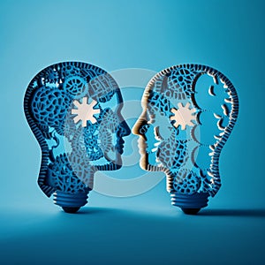 Two human heads made of gears with light bulb shape inside looking each side over blue background 3d.