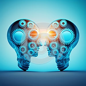 Two human heads made of gears with light bulb shape inside looking each side over blue background 3d.