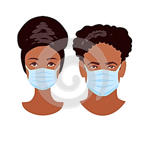 Two human heads in medicine masks. Protection in prevention for coronavirus. Man and Woman young faces isolated