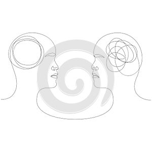 Two human heads with opposite thinking. The concept of chaos and order in thoughts. Vector illustration of continuous