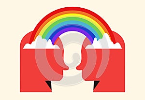 Two human heads silhouette with rainbown