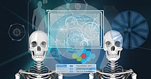 Two human skeleton models and digital interface with medical data processing against blue background