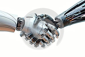 two humanoid robots hand shake on white background photo