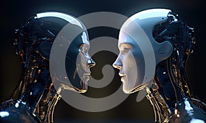 two humanoid robots, one male and one female facing to each other. Generative A.I