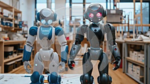 Two humanoid robots in a robotics lab workshop generated with AI