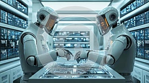 Two Humanoid Robots Working on a Digital Interface in a Futuristic Server Room