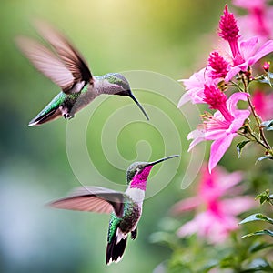 Two hummingbird bird flying next to beautiful pink flower.
