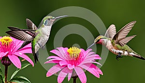 Two hummingbird bird with pink flower. hummingbirds Fiery-throated Hummingbird, flying next to beautiful bloom flower, Savegre, Co