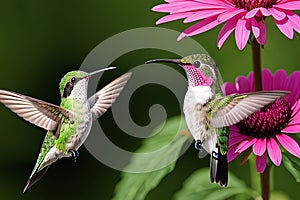 Two hummingbird bird with pink flower. hummingbirds Fiery-throated Hummingbird, flying next to beautiful bloom flower, Savegre, Co