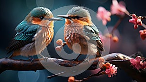 Two hummingbird birds next to beautiful bloom flowers photo