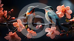 Two hummingbird birds next to beautiful bloom flowers photo