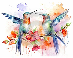 Two hummingbirds are colorful watercolor pnting high quality humming birds. photo