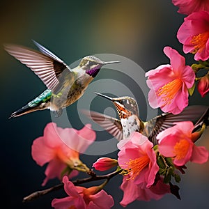 Two hummingbirds flying next to flowers