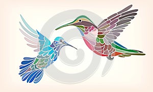 Two hummingbirds in stylized vector illustration