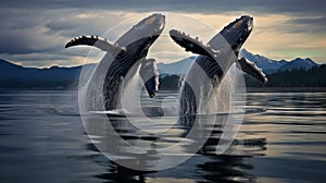 two humpbacks jumping out of the water in front of a mountain range. generative ai