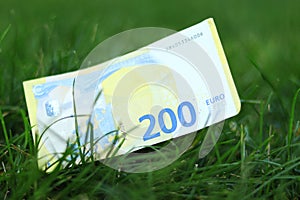 Two hundred euro banknote in the grass