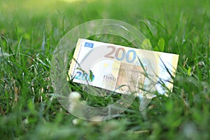 Two hundred euro banknote in the grass. Lost money