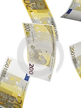 Two hundred euro bill collage isolated on white