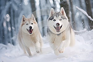 Two husky dogs running in the snow