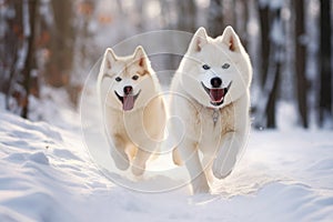 Two husky dogs running in the snow