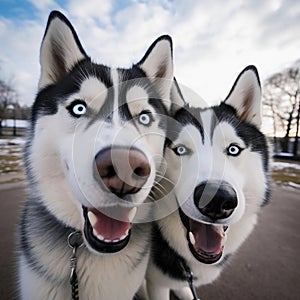 Two husky dogs take a selfie, photo of two huskies