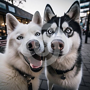 Two husky dogs take a selfie, photo of two huskies