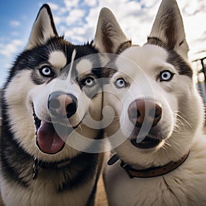 Two husky dogs take a selfie, photo of two huskies