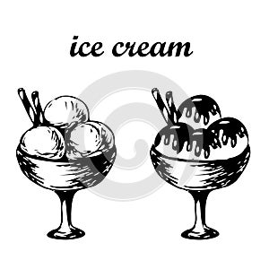 two Ice cream in bowl with waffle rolls. Ice cream balls hand drawn vector illustration, sketch isolated on transparent