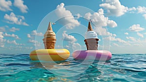 Two ice cream cones one chocolate and one vanilla floating in the ocean on inflatable rafts. They are using their cones