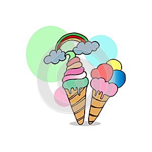 Two ice cream cones with rainbow illustration on white background. ice cream scoop, fruits flavor. hand drawn vector. sweet desser