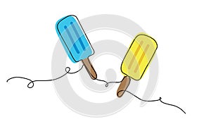 Two ice creams on stick vector iliustration in Ukrainian colors yellow and blue. One line art drawing ice cream print photo
