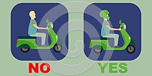 Two icons with a man on a scooter with and without helmet and the words yes and no