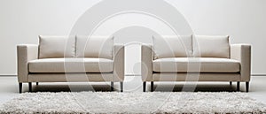 Two Identical Beige Loveseats Sit On A Fluffy Rug Against A Minimalist White Wall, Creating A Serene And Stylish Atmosphere photo