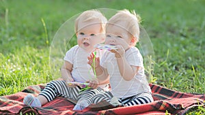 Two identical girls on a blanket in the park look