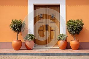 two identical terracotta pots beside a spanish villas door