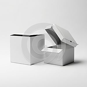Two White Cardboard Boxes, One Closed and One Open, on a Light Gray Surface container