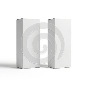 Two identical white rectangular boxes standing side by side on a plain surface