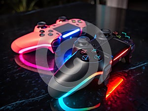 Two illuminated gaming controllers on a reflective surface