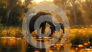 Two Indian elephants drinking river water in natural ecoregion