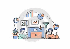 Business Analytics Teamwork Data Visualization, Charts, Laptop, Idea, Coffee