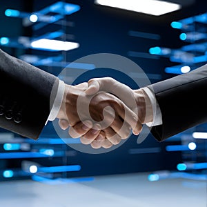 Formal handshake in technologically advanced setting with digital connections photo