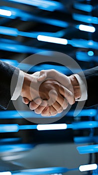Formal handshake in technologically advanced setting with digital connections photo