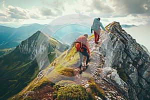 Two individuals making their way up a mountain through rocky terrain on a sunny day, A brave hiker showing the way for his friend