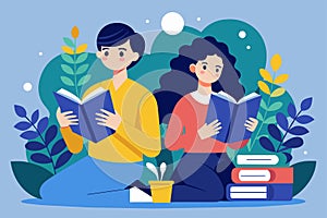 Two individuals seated on the ground, engrossed in reading books, two people reading books, Simple and minimalist flat Vector photo