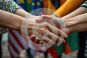 Two individuals shake hands firmly in front of a blur of international flags, symbolizing unity and cooperation between