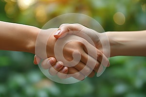 Two individuals shaking hands outdoors