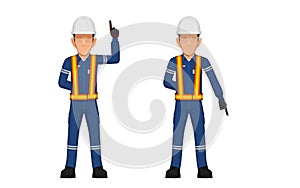 Two industrial worker are pointing up and pointing down