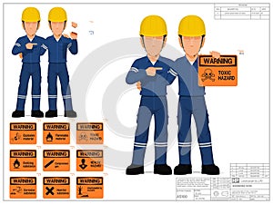 Two industrial workers are presenting warning sign on white background