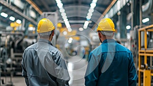 Two industrial workers in yellow hard hats surveying the factory floor